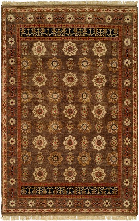 Camel Tan Field with Black Border and Rust Accents area rug