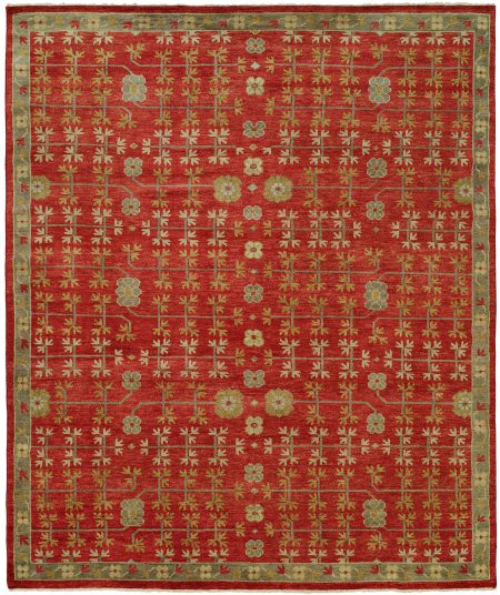 Red Field with Blue Green Lattice Design area rug