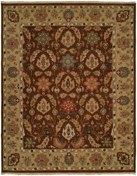Tan Border with a Brown Field and Green Red and Blue Accents area rug