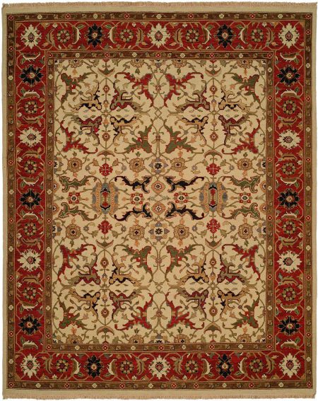 Red Border with Ivory Field and Green Blue and Gold Accents area rug