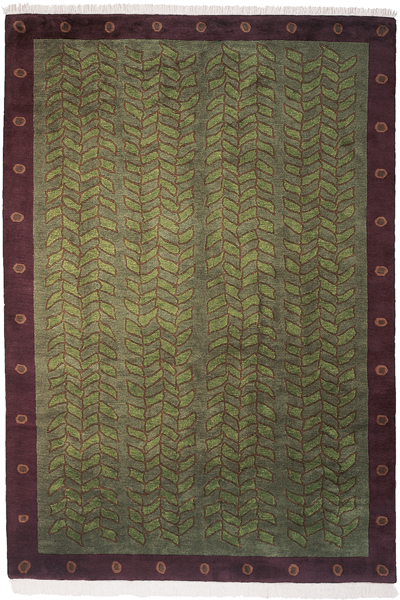 Green Field with eggplant Border area rug